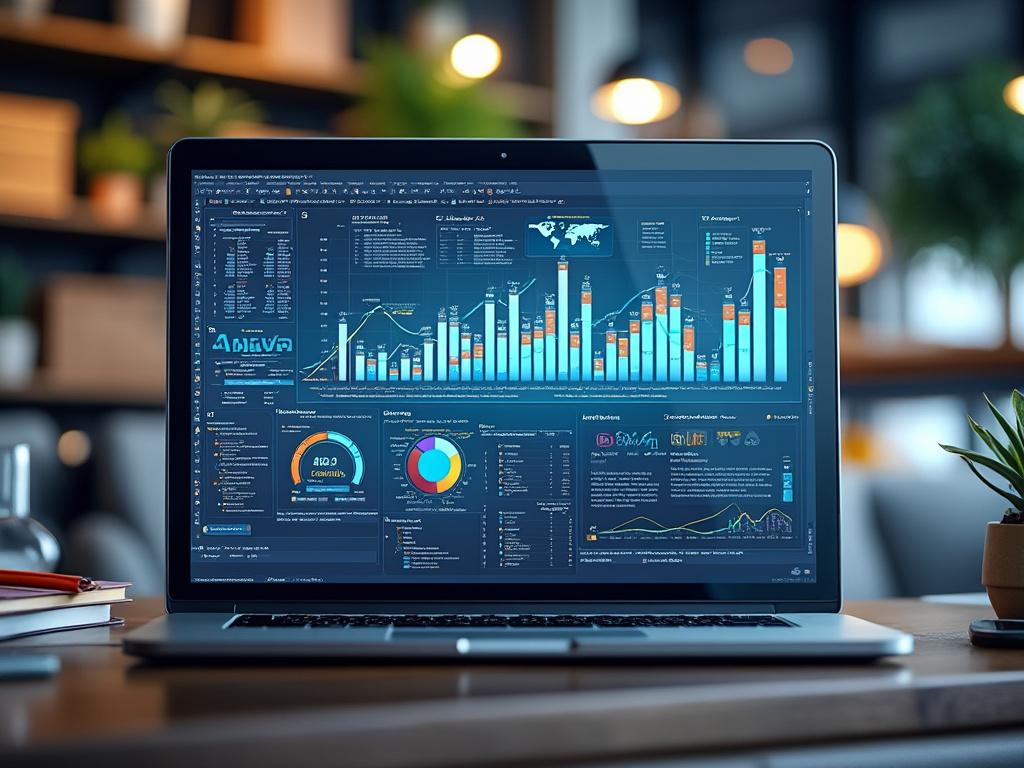 Laptop displaying colorful data analytics dashboard with charts and graphs in modern office setting.