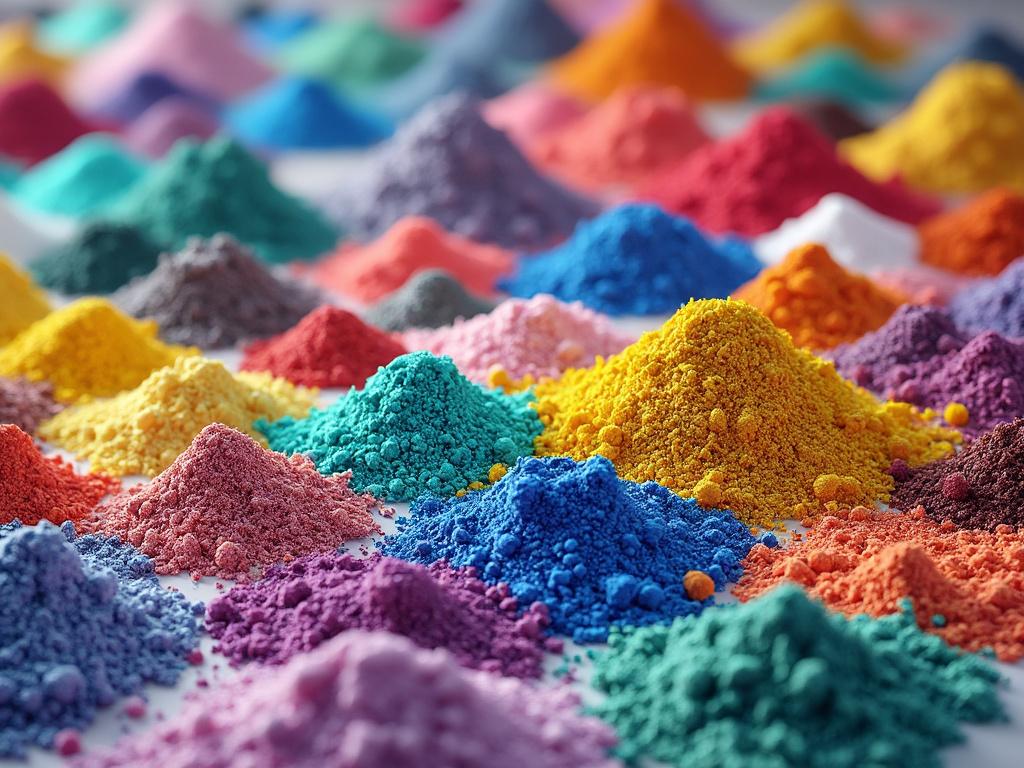 Montones de polvos de colores vibrantes organizados en una superficie blanca, creando un patrón llamativo y diverso.
