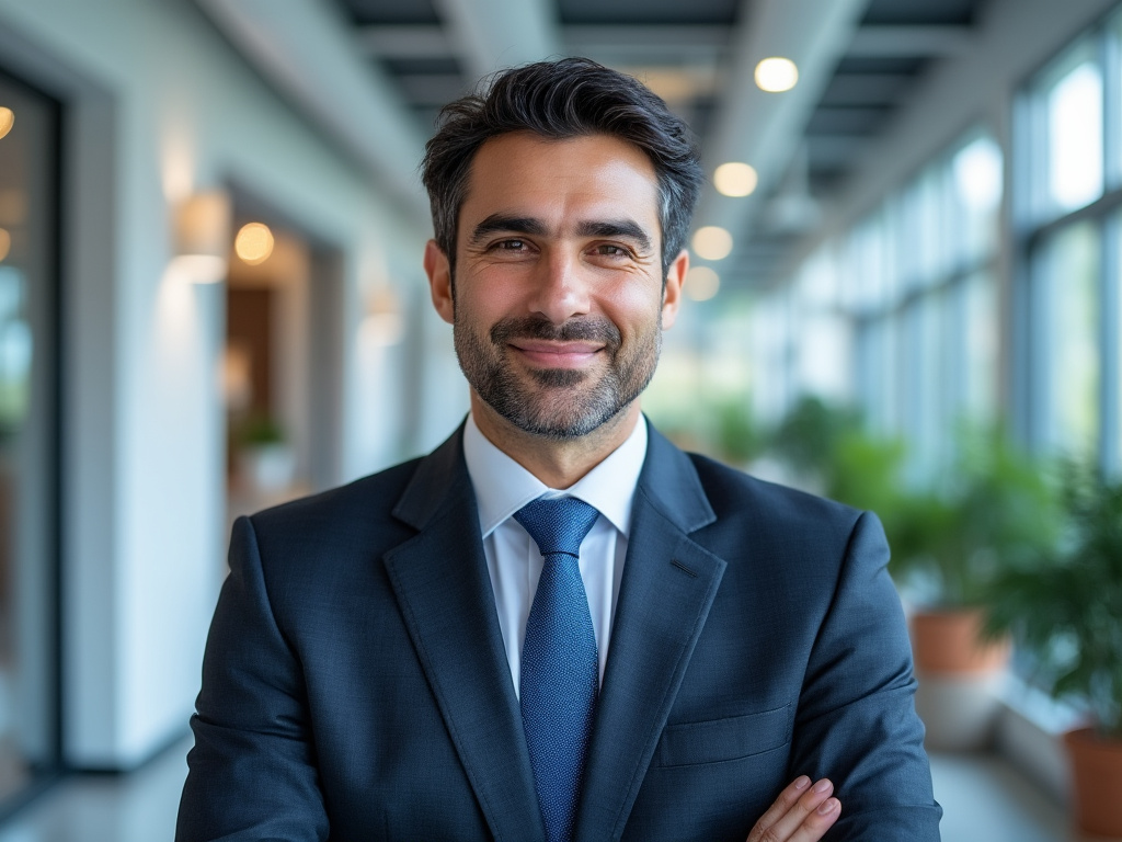 Hombre con traje oscuro y corbata azul sonriendo en un pasillo iluminado moderno.