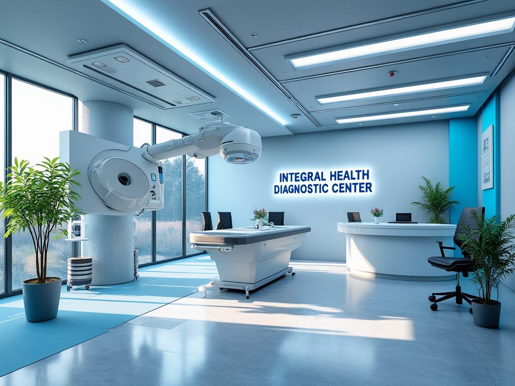 Sala moderna de diagnóstico médico con equipo avanzado y plantas decorativas.