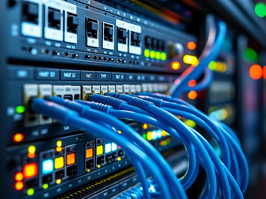 Close-up of a network server panel with connected blue ethernet cables and illuminated indicator lights.