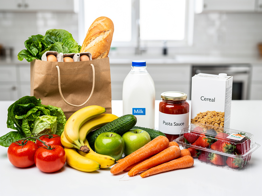 Bolsa de supermercado con frutas, verduras, pan, leche, huevos, cereal, salsa y fresas en una cocina moderna