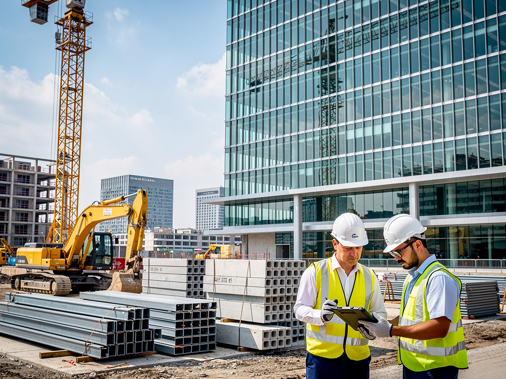 Ingenieros con casco y chaleco revisan planos en tablet en obra de construcción con grúa, excavadora y edificio moderno de vidrio
