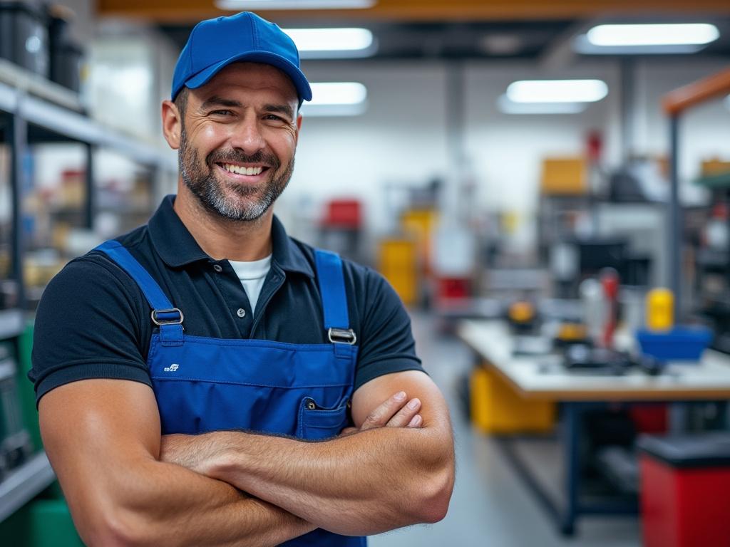 Hombre sonriente en uniforme azul en taller mecánico, mostrando brazos cruzados. Hombre sonriente en uniforme azul en taller mecánico, mostrando brazos cruzados.