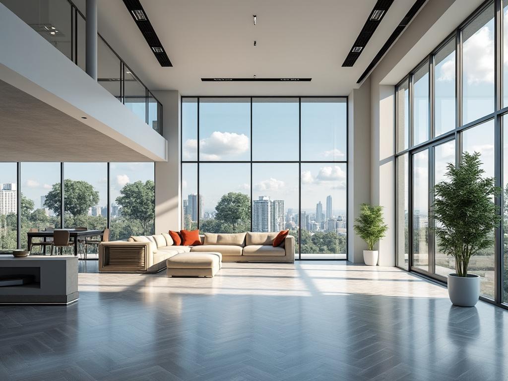 Sala de estar moderna con grandes ventanales, sofá beige, cojines naranjas y vistas panorámicas de la ciudad.