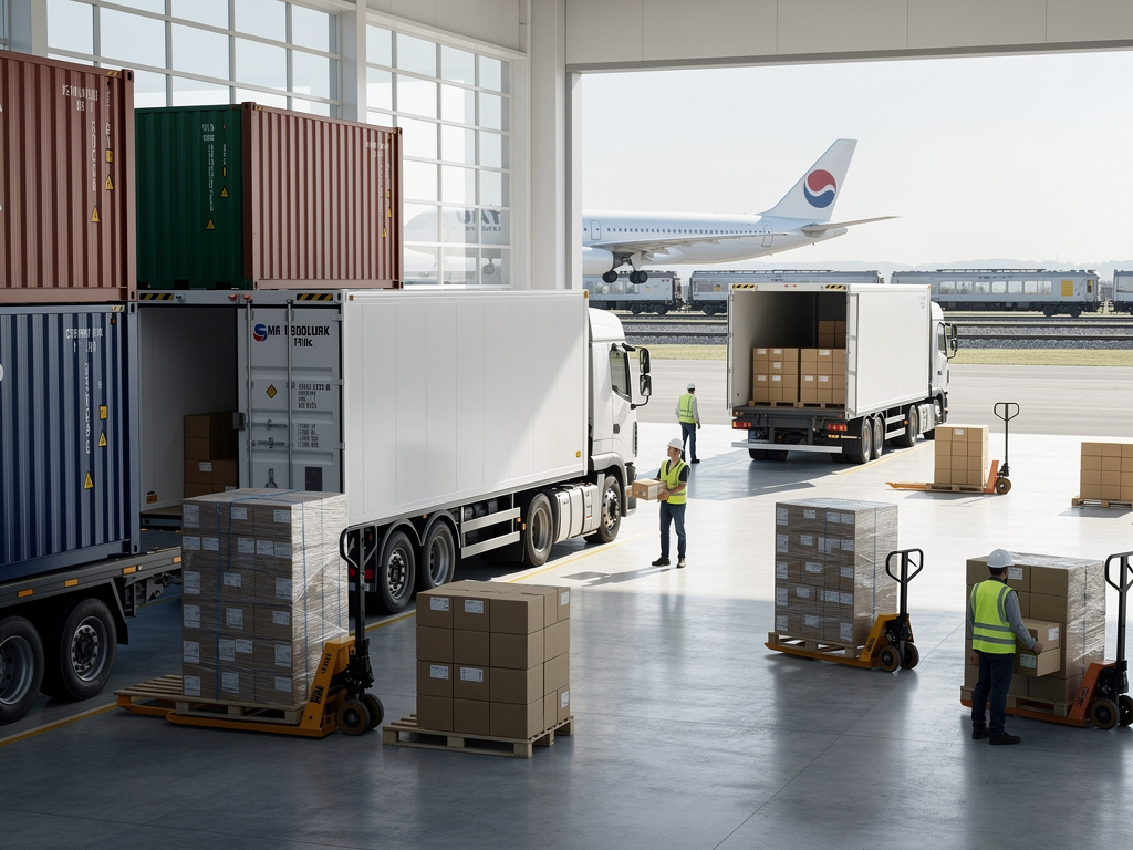 Centro logístico aeroportuario con camiones, contenedores de carga, pallets y trabajadores preparando envíos junto a un avión