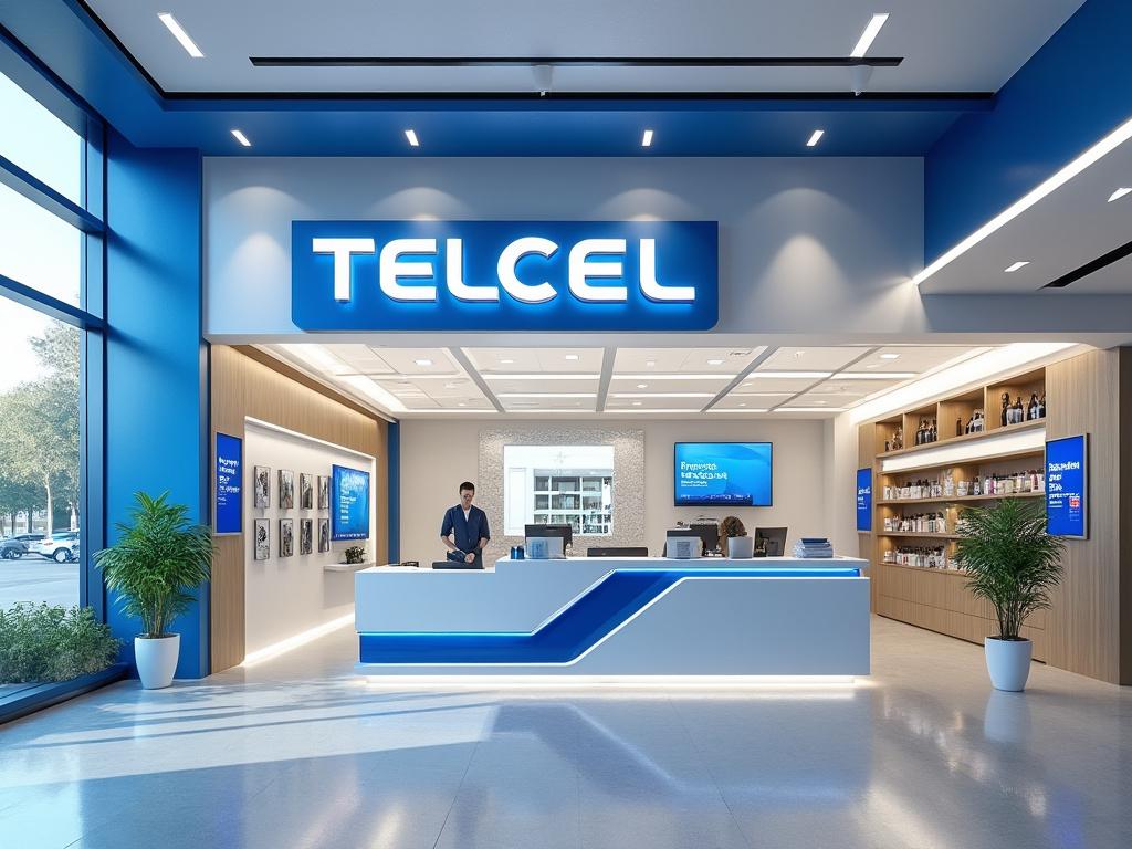 Tienda de Telcel moderna con recepción, estanterías y decoración azul, empleado atendiendo.