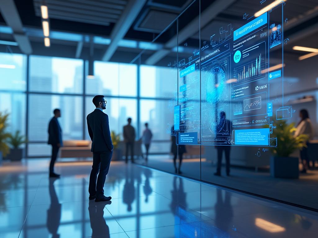 Hombre de negocios observando una pantalla digital interactiva en una oficina moderna con vista panorámica. Hombre de negocios observando una pantalla digital interactiva en una oficina moderna con vista panorámica.