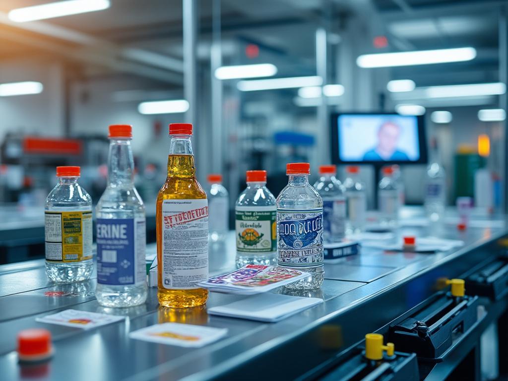 Botellas de plástico en una línea de producción en una fábrica moderna, con etiquetas coloridas y fondo desenfocado.
