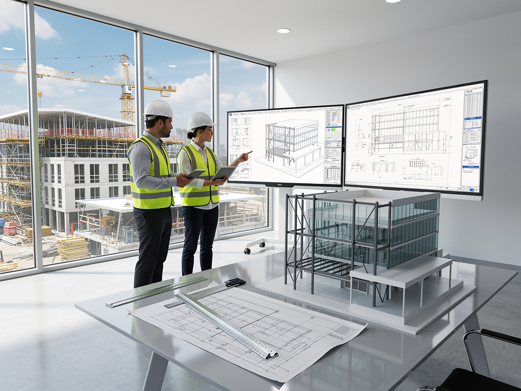 Arquitectos con cascos revisan planos BIM y maqueta de edificio en oficina moderna junto a obra en construcción