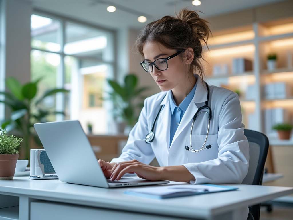 Doctora joven con bata blanca y estetoscopio trabajando en una laptop en una oficina luminosa con plantas.