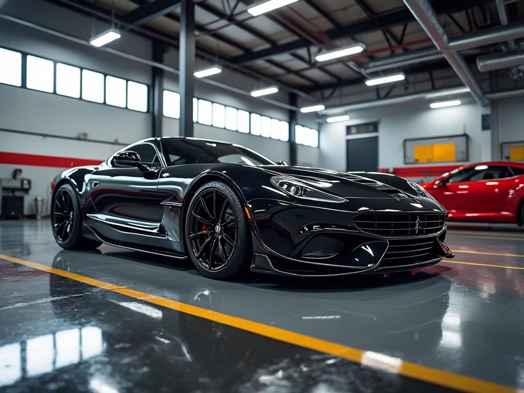 Sleek black sports car with shiny finish in a modern showroom, surrounded by glossy floors and bright overhead lights.