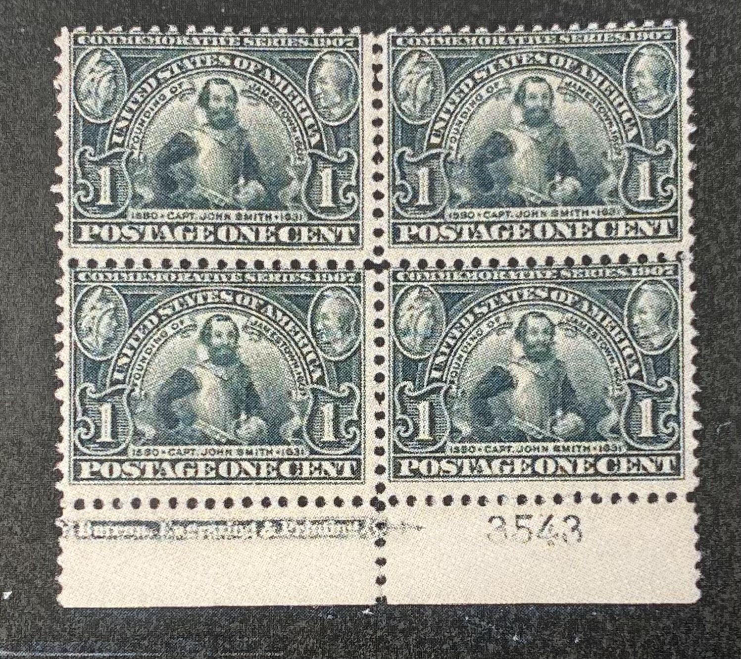 1907 Jamestown 1 cent, Block of 4