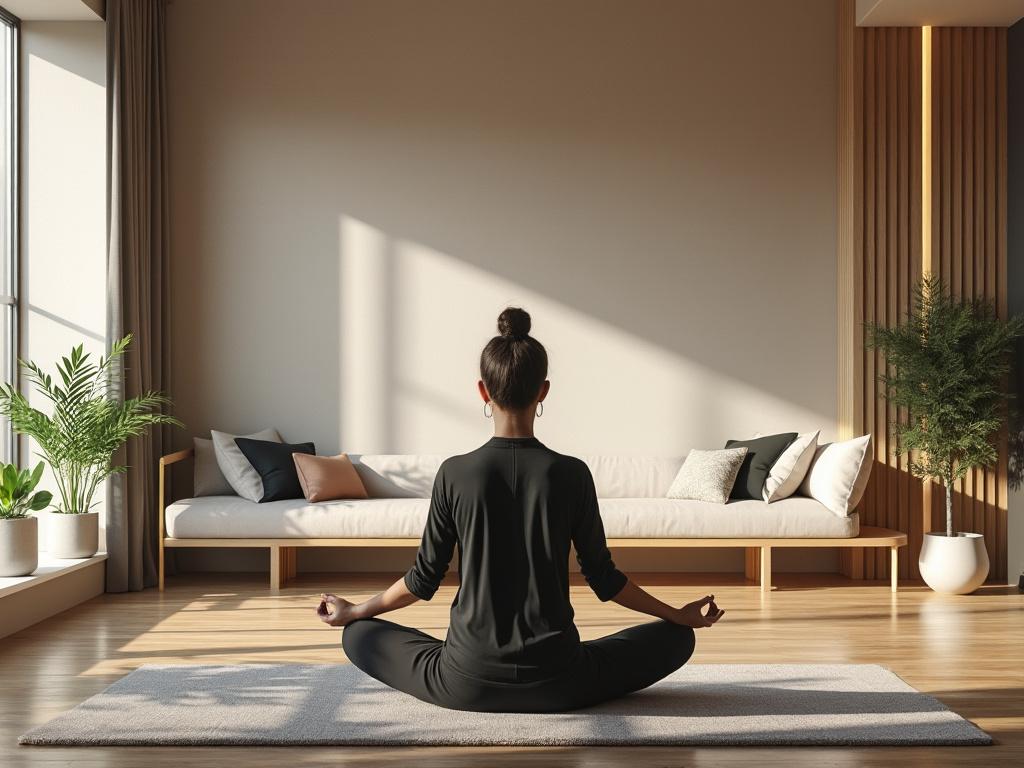 Mujer meditando en una sala luminosa con plantas y sofá moderno.