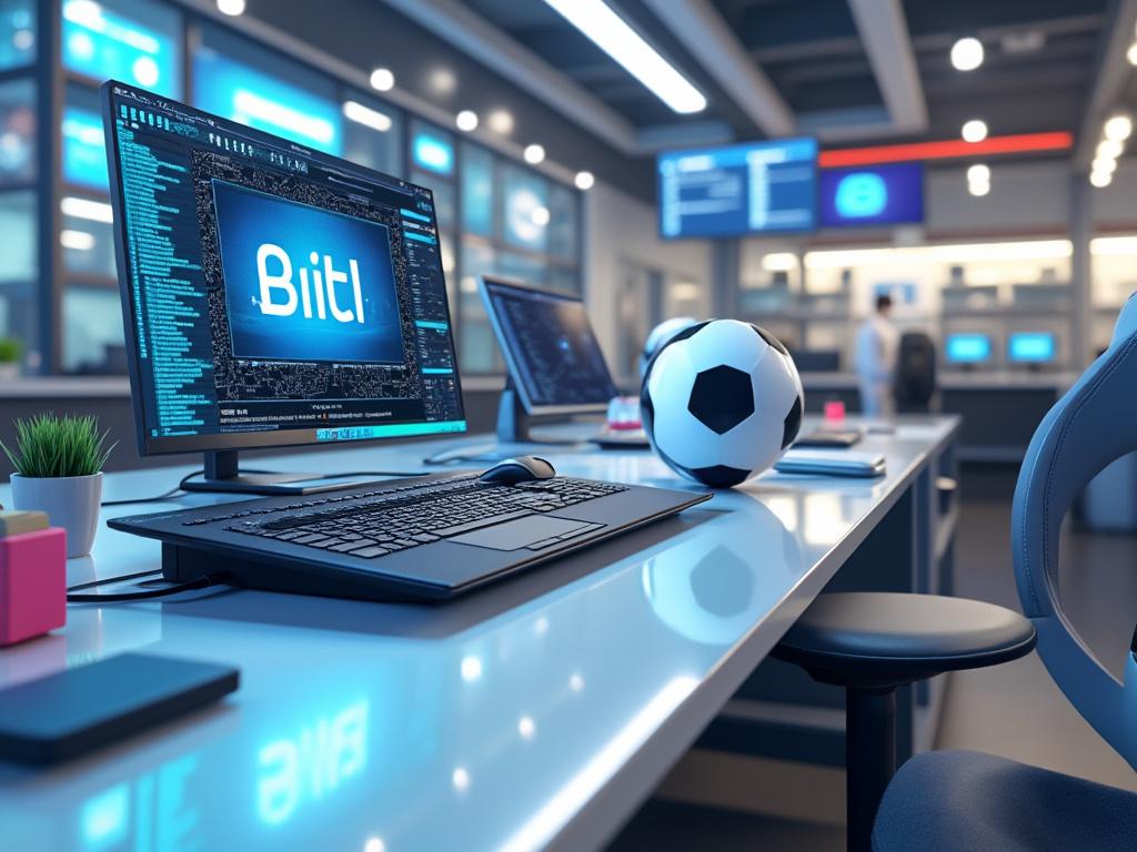 Modern office setup with computer displaying code and text 'Biit!', soccer ball and ergonomic chair, in a bright open-plan workspace.