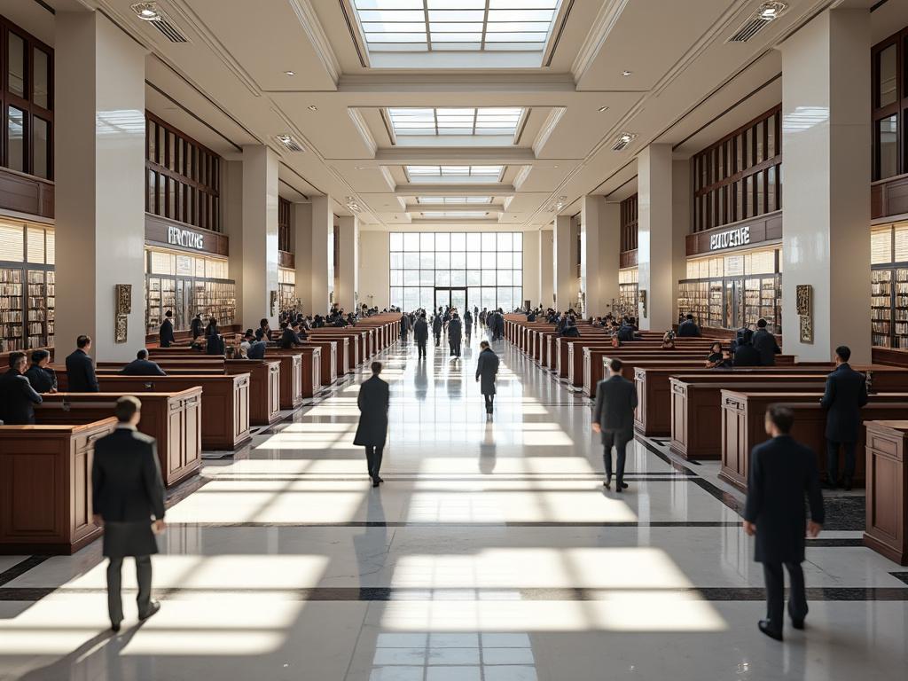 Spacious library interior with tall bookshelves, wooden desks, and people walking around, illuminated by large skylights.