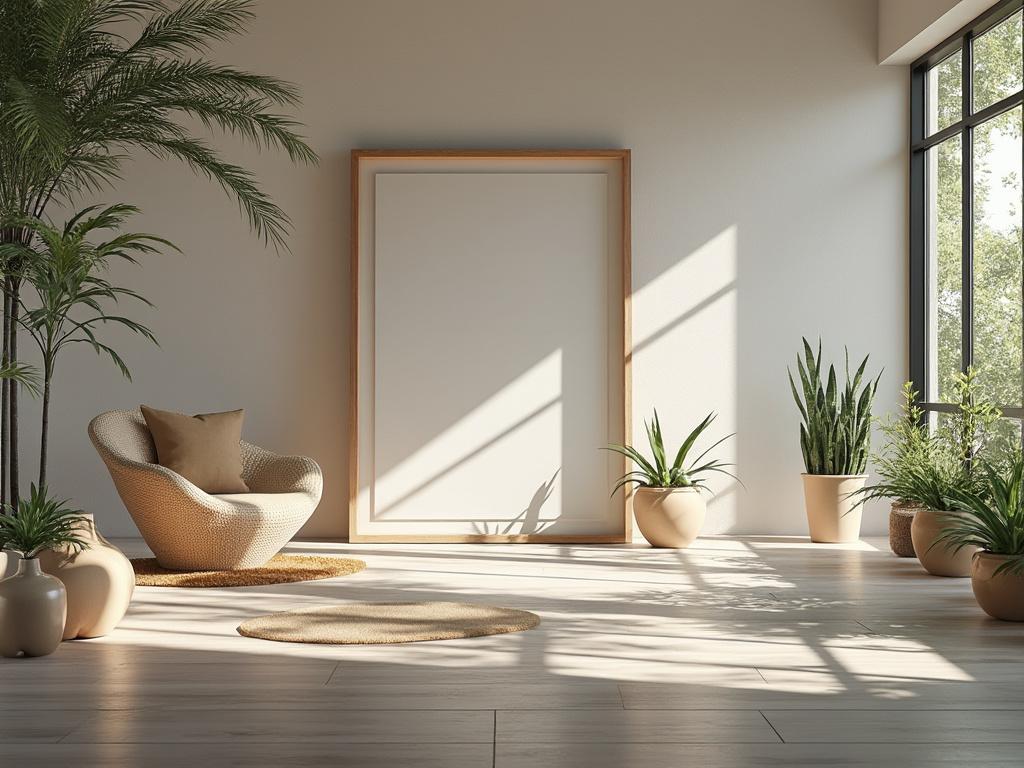 Minimalist living room interior with wicker chair, green plants, large window, and framed artwork. Minimalist living room interior with wicker chair, green plants, large window, and framed artwork.