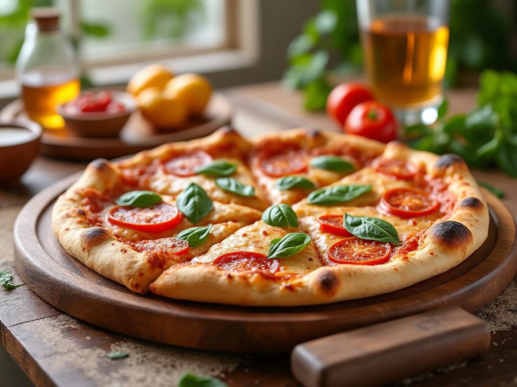 Pizza margarita con tomates frescos y albahaca sobre una tabla de madera, fondo desenfocado con ingredientes frescos y bebida.