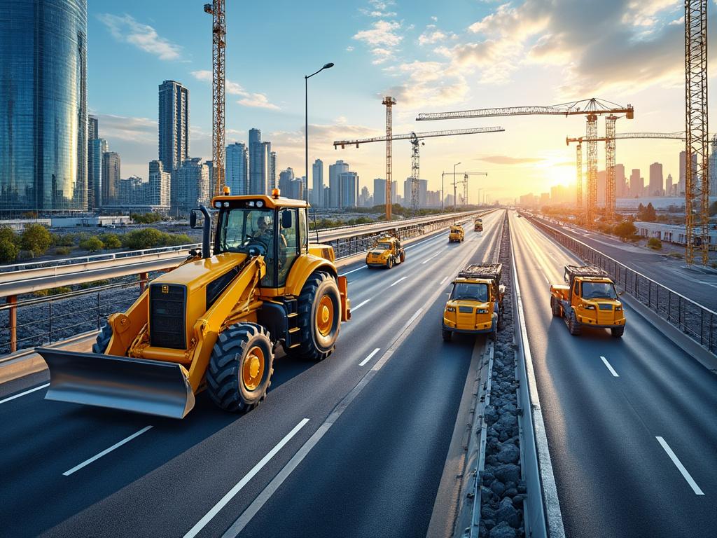 Maquinaria de construcción trabajando en una autopista al amanecer, rodeada de rascacielos en el horizonte.
