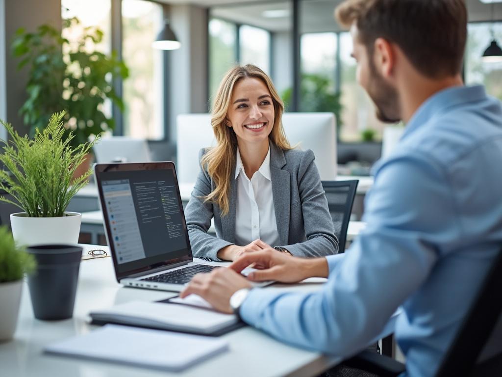 Dos personas en una reunión de oficina, sonriendo y conversando, con una computadora portátil en un escritorio.