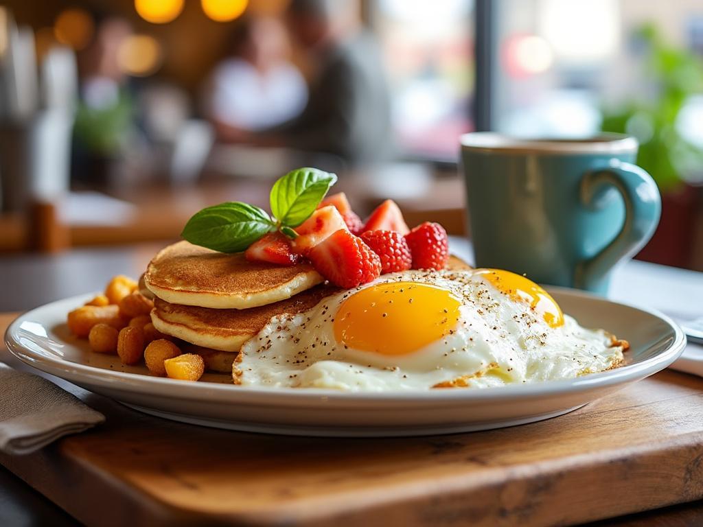 Delicious breakfast with sunny-side-up eggs, pancakes topped with strawberries, and a cup of coffee on a wooden table.