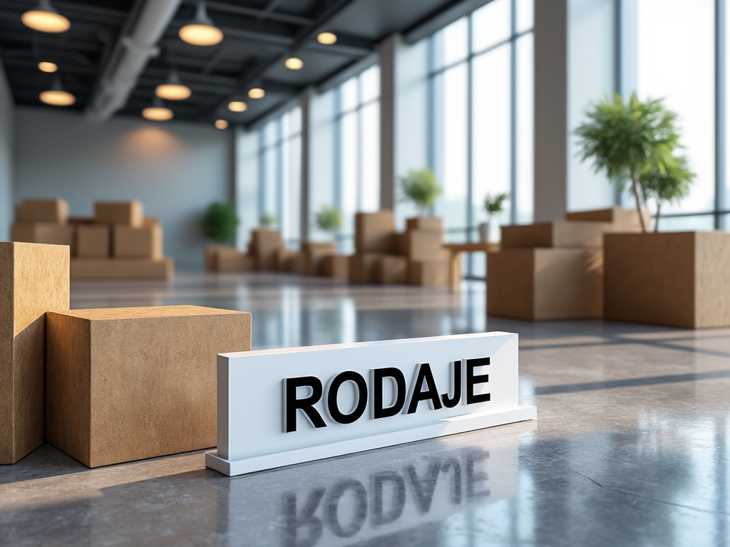 Espacio amplio de rodaje con cajas de madera y plantas en macetas.