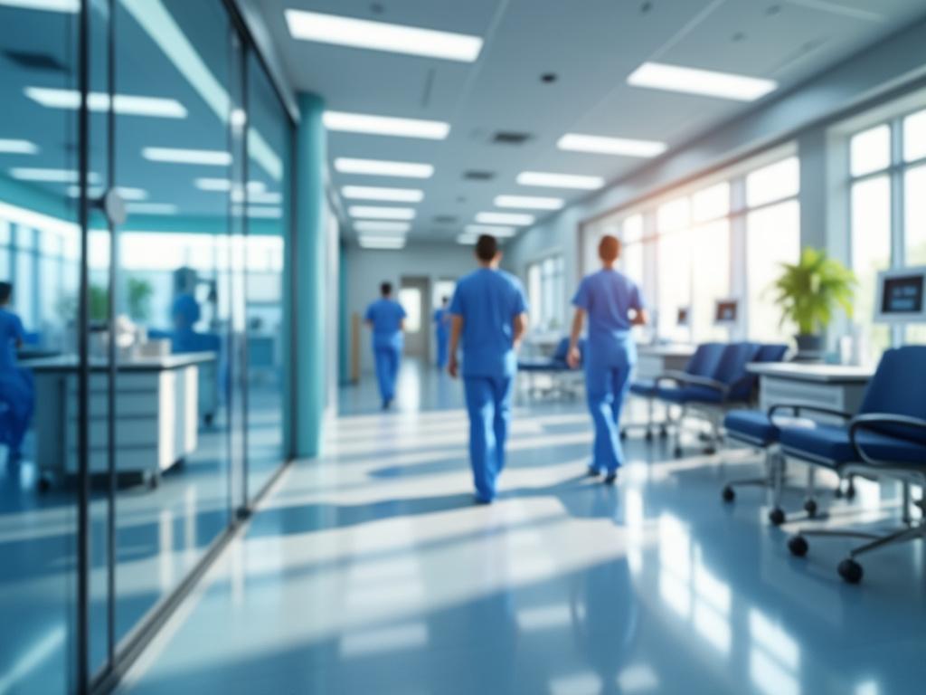 Healthcare professionals walking in a bright, modern hospital corridor with glass walls and office equipment.