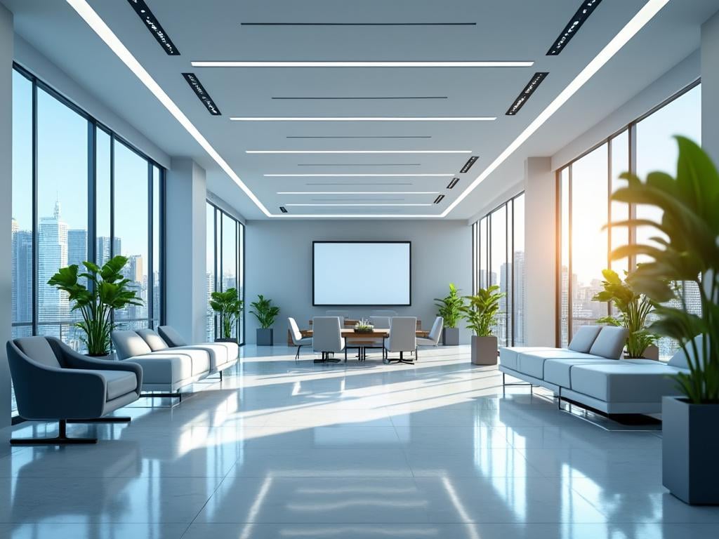 Sala de conferencias moderna con grandes ventanales, plantas decorativas y muebles elegantes con vista a la ciudad al atardecer.