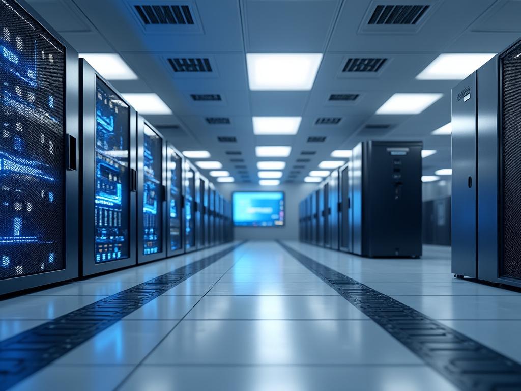 Modern data center aisle with illuminated server racks and ceiling lights.