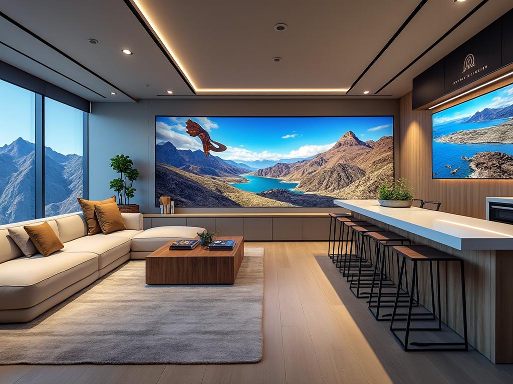 Sala de estar moderna con sofá blanco, mesa de madera y pantalla grande mostrando paisaje de montaña y mar.