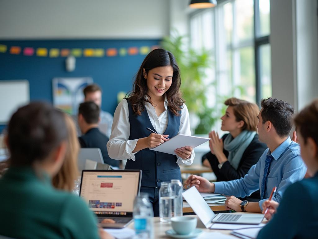 Grupo de personas en una reunión de trabajo en una oficina moderna.