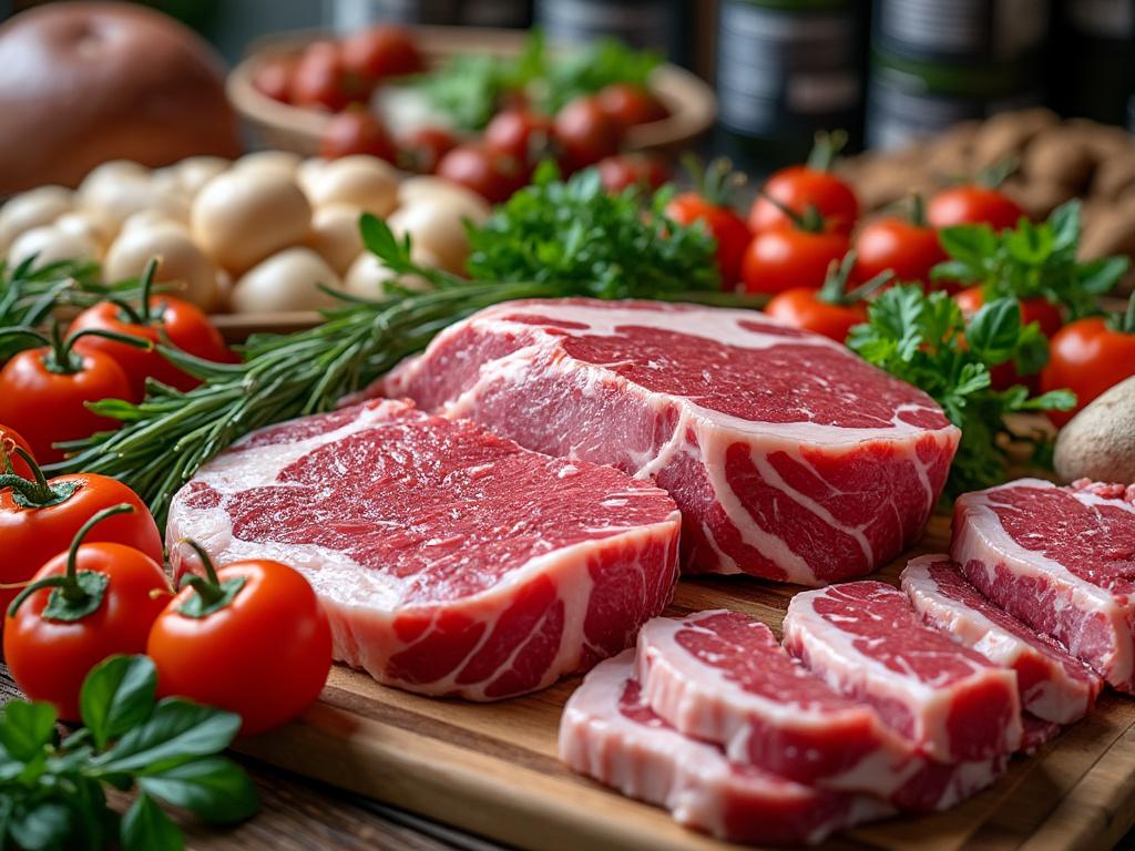 Trozos de carne fresca en tabla de cortar, rodeados de tomates, hongos y hierbas.