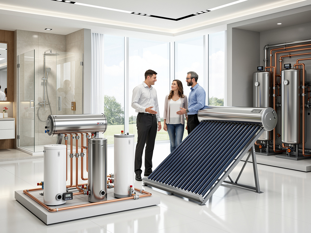 Sistema solar térmico de agua caliente con colectores, calderas y tuberías de cobre en sala técnica moderna