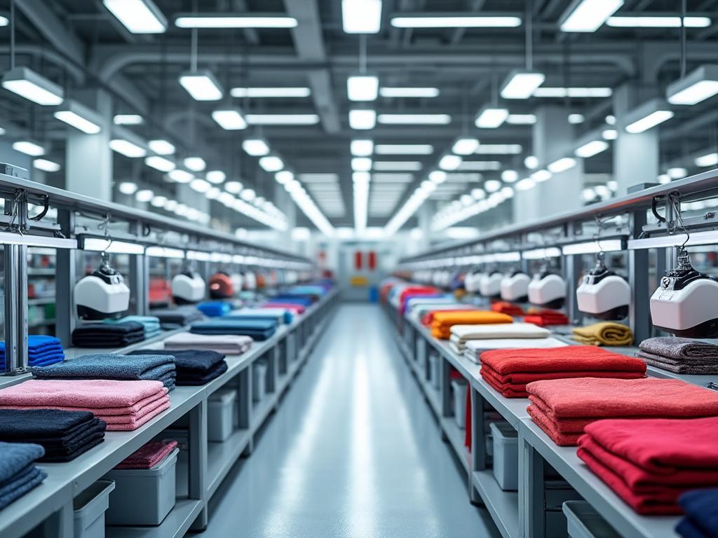Fábrica textil moderna con estantes de ropa doblada y máquinas de coser automáticas.