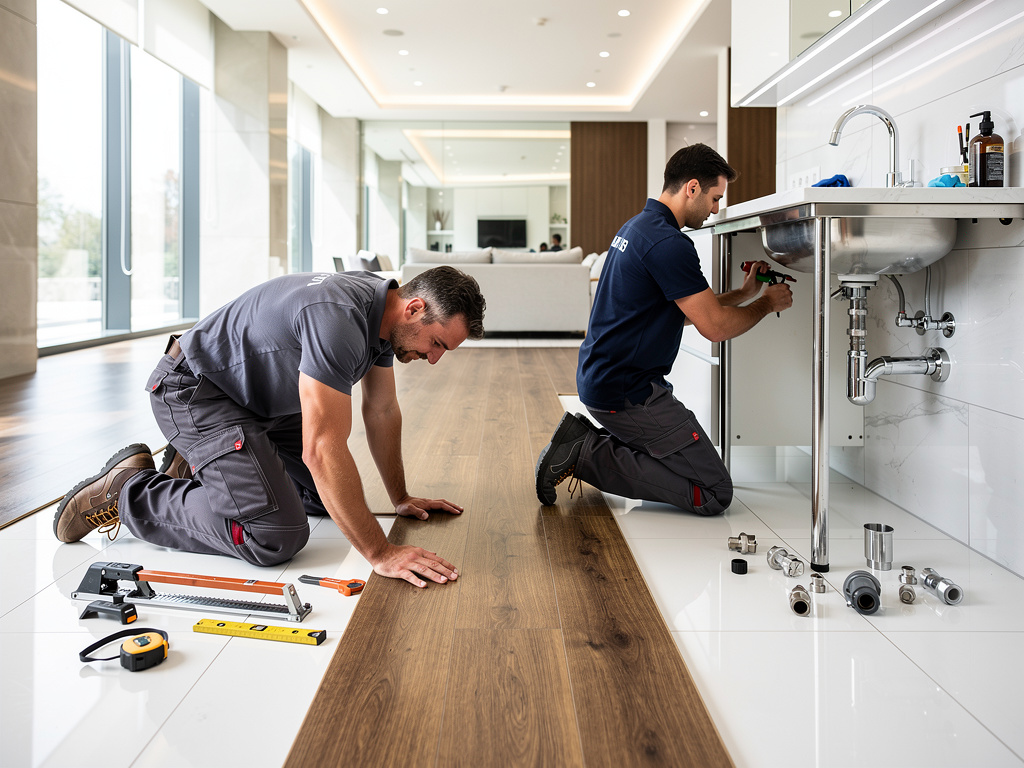 Técnicos instalando suelo de madera y reparando fontanería bajo el fregadero en una casa moderna