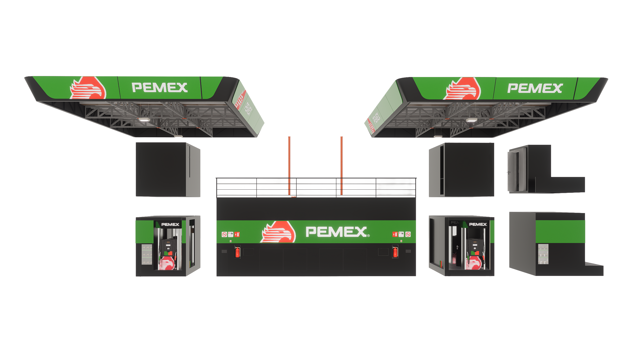 Estación de servicio moderna EMBC con techo azul y surtidores de combustible, rodeada de palmeras y cielo despejado. Estación de servicio moderna EMBC con techo azul y surtidores de combustible, rodeada de palmeras y cielo despejado.