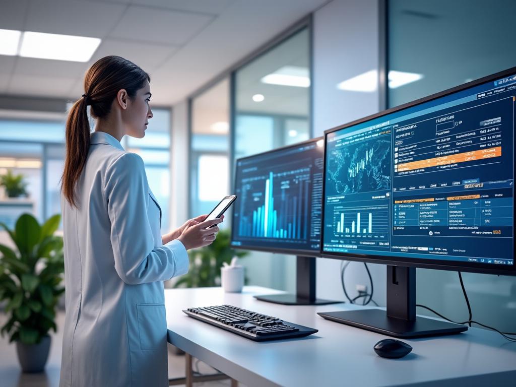 Mujer profesional revisando gráficos y datos financieros en múltiples monitores en una oficina moderna.