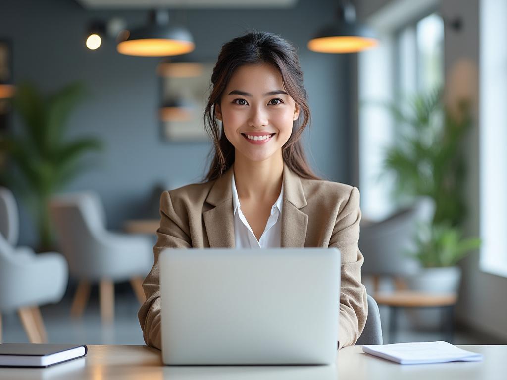 Mujer sonriente trabajando en un ordenador portátil en una oficina moderna con plantas y luces colgantes.