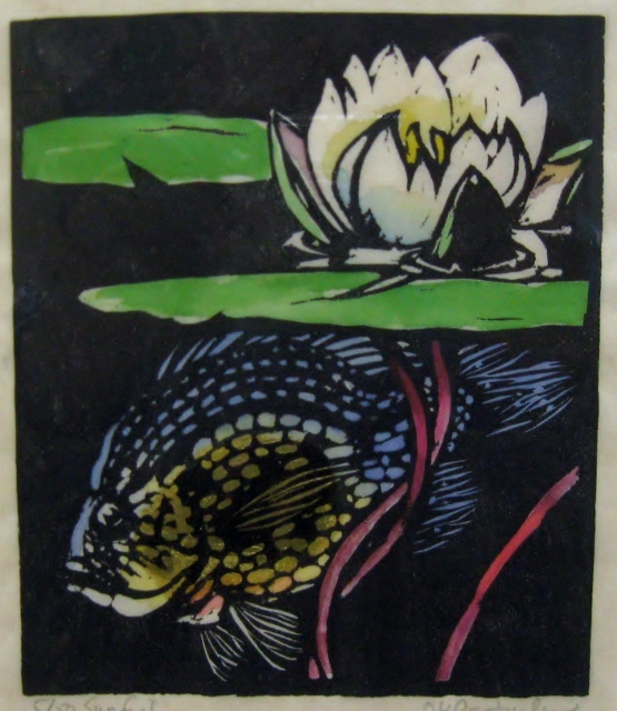 Pastuchiv, Sunfish, 5.5" x 4.75" Linocut w Gold Leaf