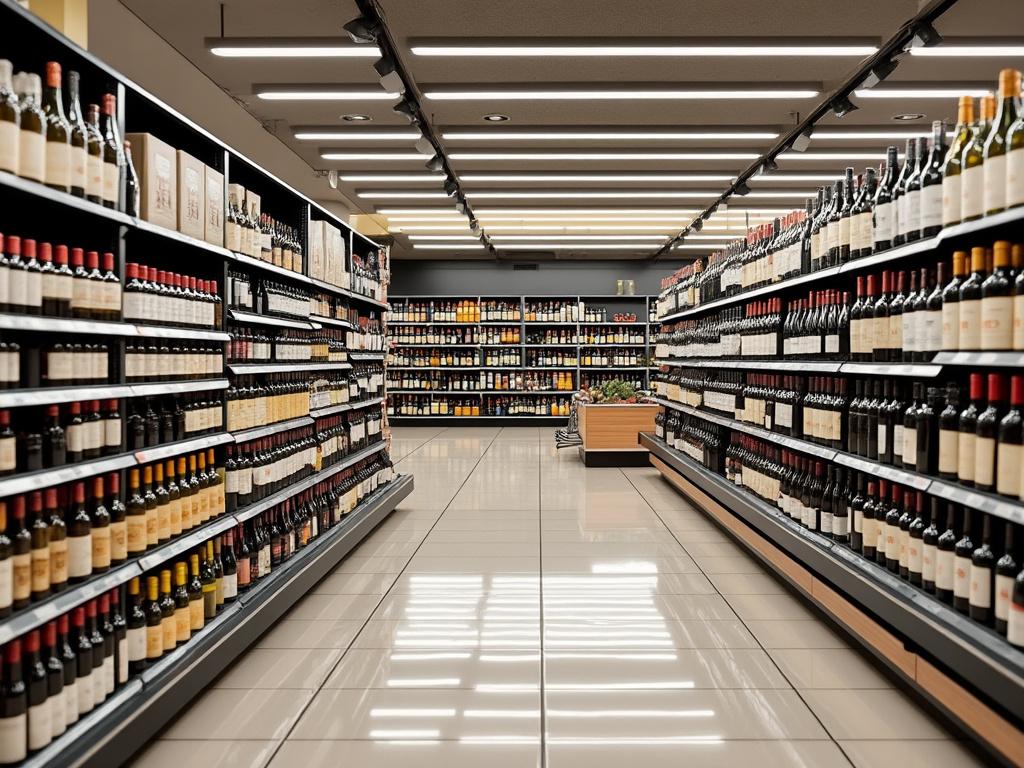 Pasillo de supermercado con estantes llenos de botellas de vino organizadas.