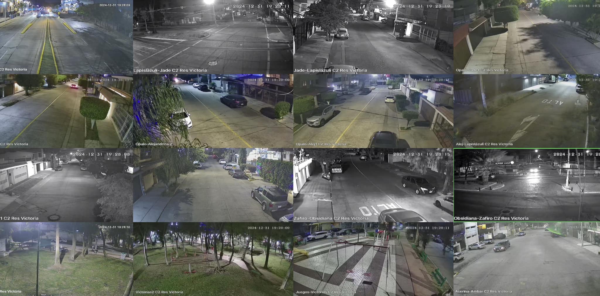 Monitoreo de cámaras de seguridad en Res Victoria, mostrando diferentes calles desiertas por la noche, con algunos vehículos estacionados.