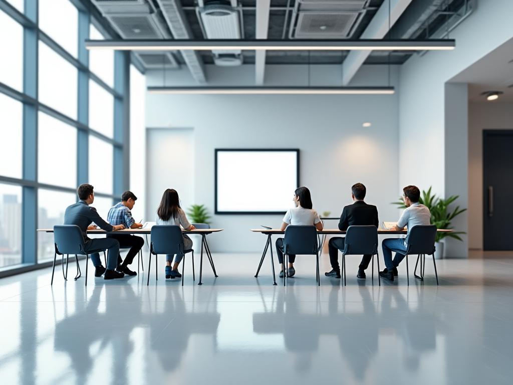 Personas en una sala de conferencias moderna con una pantalla en blanco, sentadas alrededor de una mesa.
