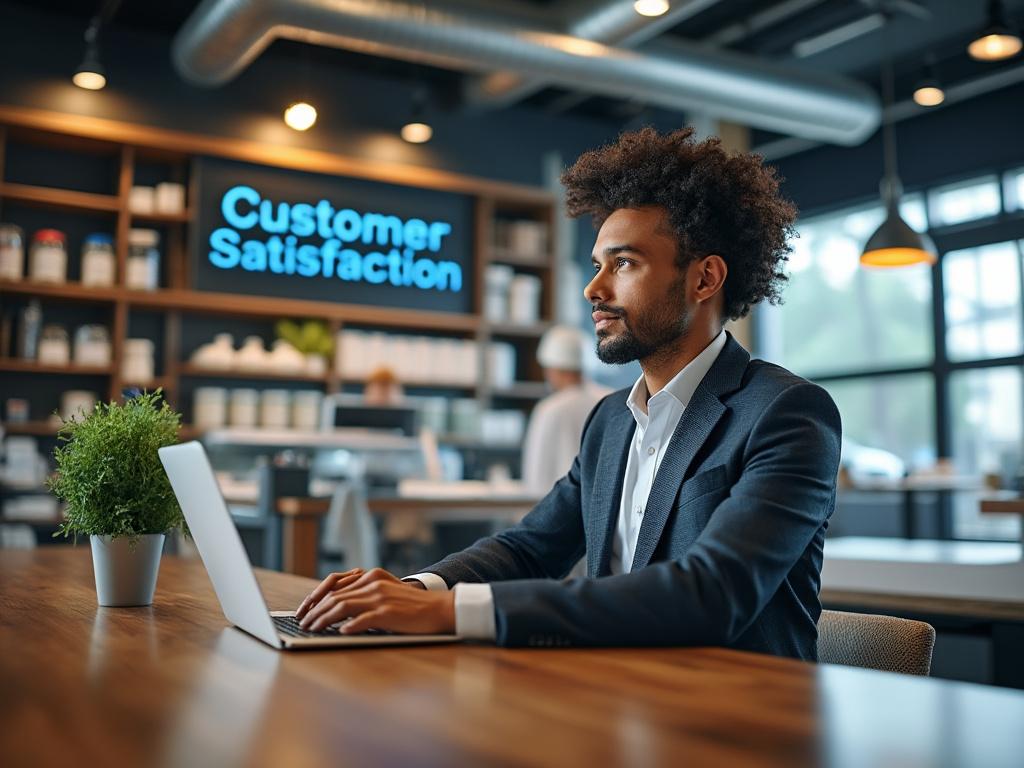Business professional working on laptop in modern office with customer satisfaction sign, greenery, and warm lighting.