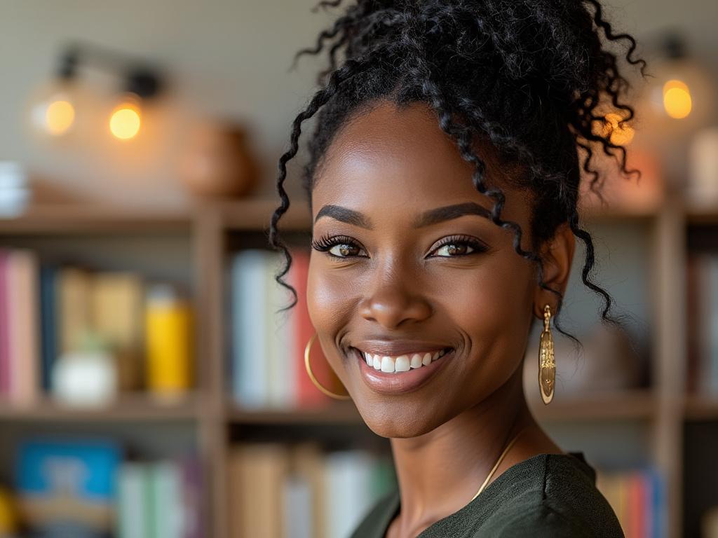 Smiling woman with curly hair and gold earrings in a cozy library setting.