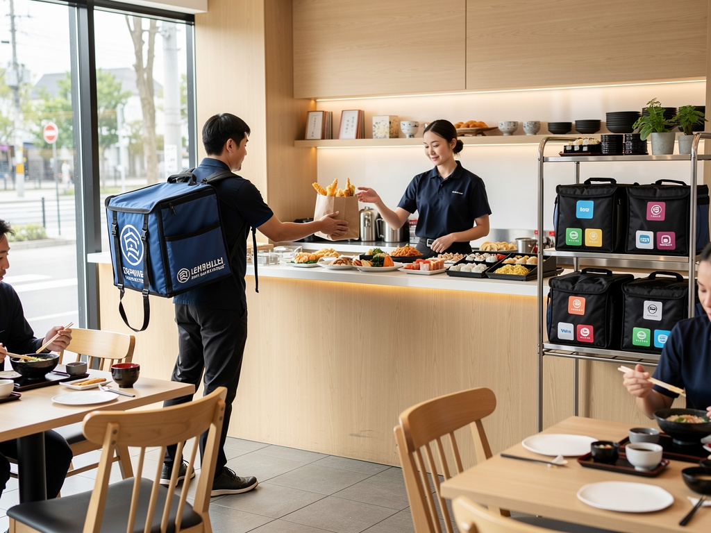 Repartidor de comida recoge pedido en restaurante japonés moderno con bolsas térmicas para entrega a domicilio