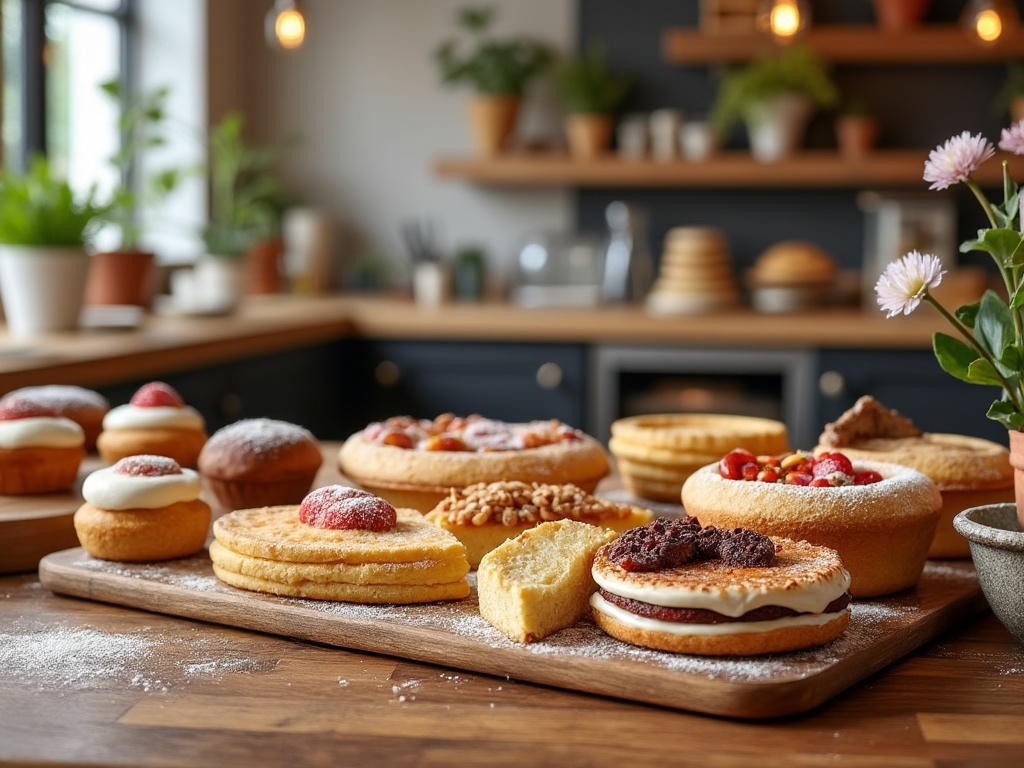 Variedad de pasteles y tartas decoradas sobre una tabla de madera en una cocina con plantas en el fondo.