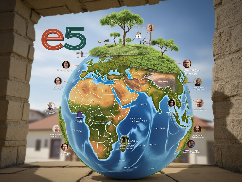 Illustrated globe with an environmental theme, featuring green landscapes and characters around the world, framed by stone arches, and the 'e5' logo in the sky.