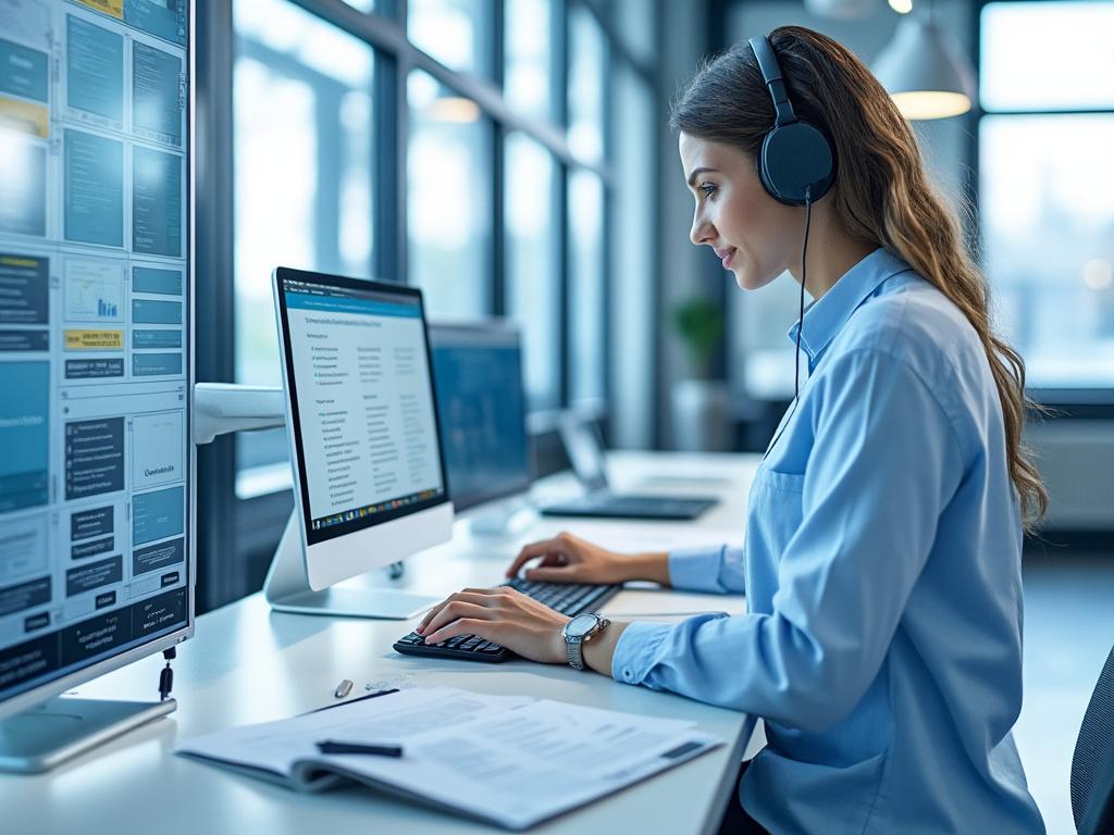 Mujer joven con auriculares trabajando en computadora en oficina moderna con ventanas grandes y luz natural.