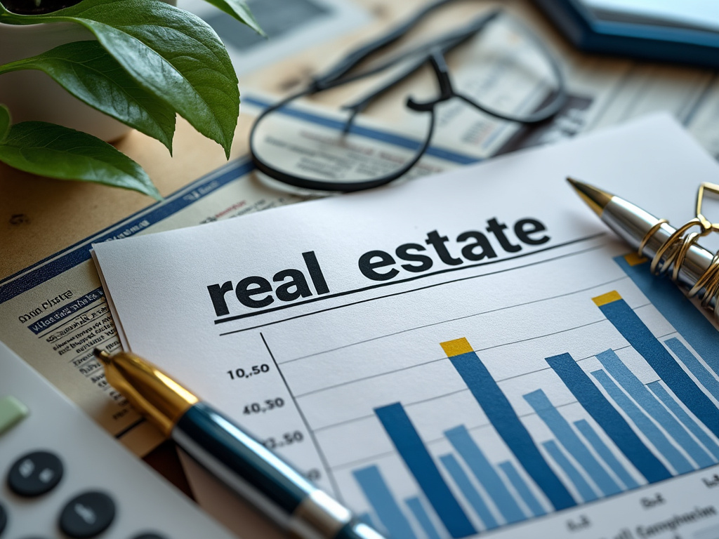 Gráfico de análisis de bienes raíces con calculadora, pluma y planta en maceta en el fondo.