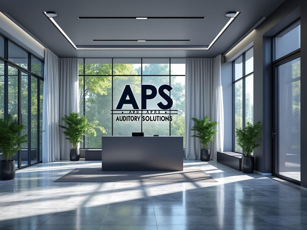 Oficina moderna con logotipo de APS en la pared, plantas en macetas y grandes ventanas que permiten la entrada de luz natural.